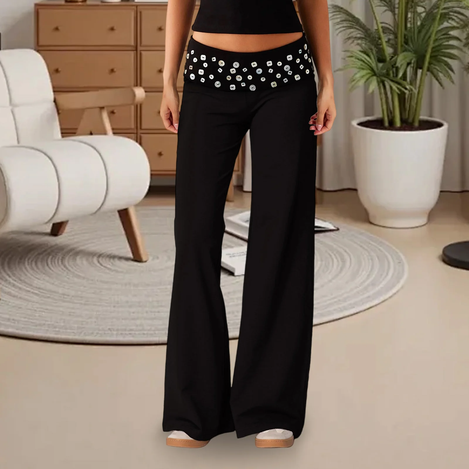 Damen-Hose mit Pailletten und weitem Bein, modische, lässige, lockere Hose mit elastischem Bund für den Alltag