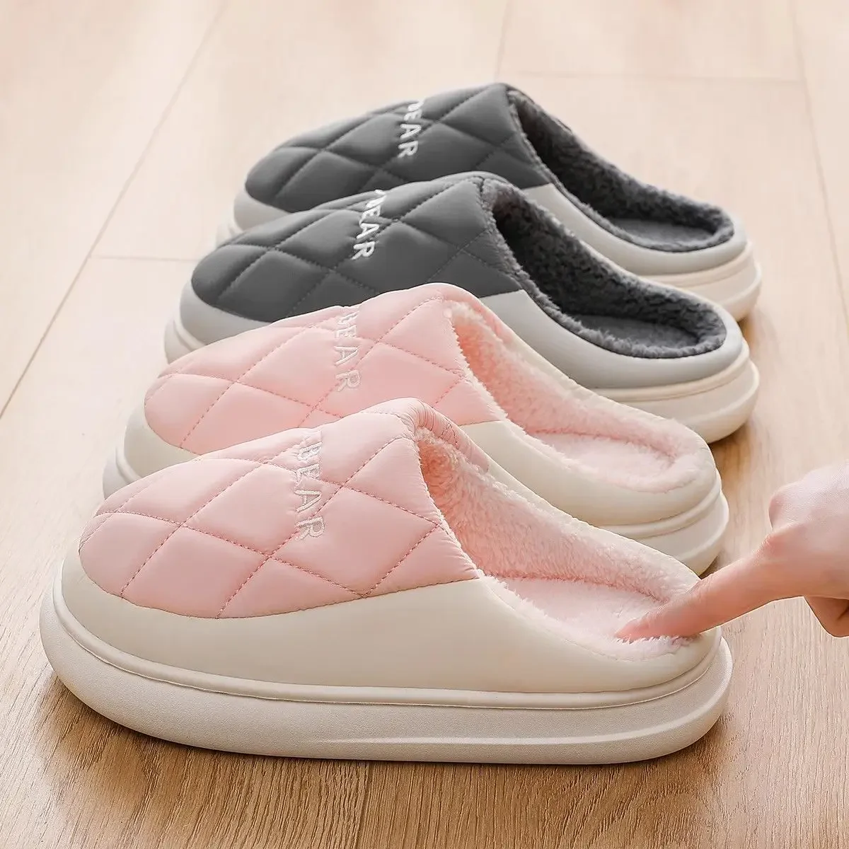 

Warm Men Slippers New Home Waterproof Shoes Couples Fluffy Flats Women Bedroom Plush Slipper Thick Sole Anti-slip Furry Slides