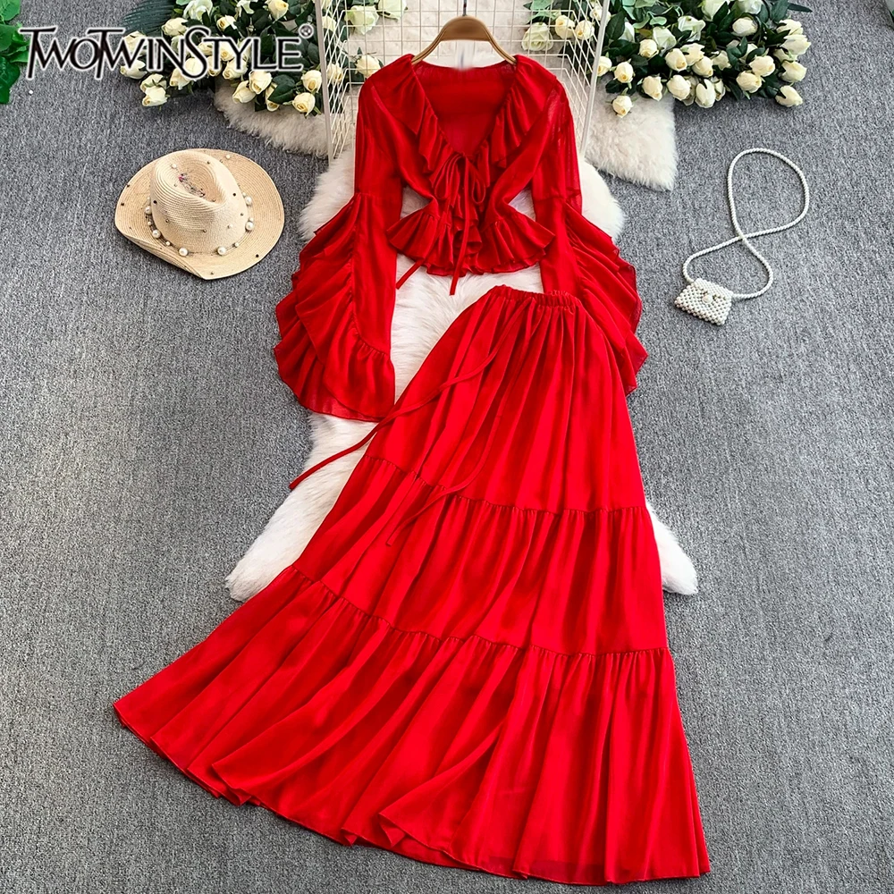 

TWOTWINSTYLE Solid Vintage Two Piece Sets For Women V Neck Long Sleeve Top High Waist Draped Skirt Elegant Set Female KSE556912