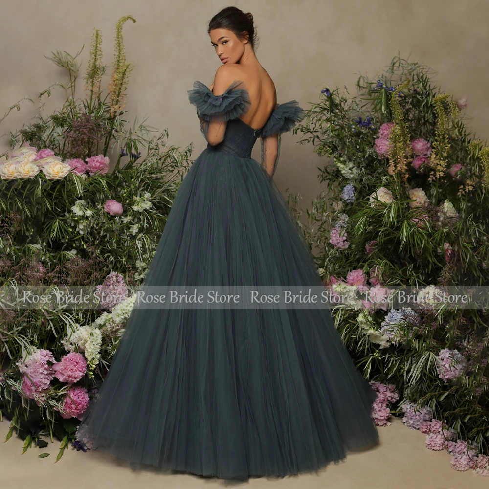 Marineblauwe Avondjurk Lange Bal Off The Shoulder Sweetheart Prom Dress Voor Vrouwen 2023 Tule Backless Eenvoudige Formele Jurken