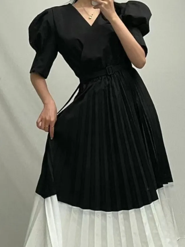 Vestido Longo E com Decote em V, Cintura Solta e Faixa, Estilo Color Blo, Saia Maxi Psada Chique para Mulheres, E...