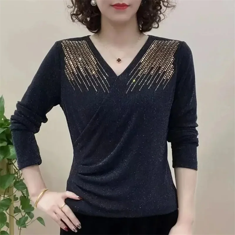 High-Grade Mesh Rhinestone Bottoming Shirt Women\'s Autumn And Winter New Western Style Joker Wear Warm Blouse Underwear