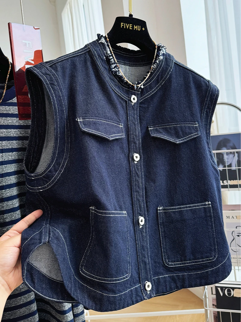 

2025 Spring/Summer New Women's Cowboy Tank Top Loose Round Neck Short Vest
