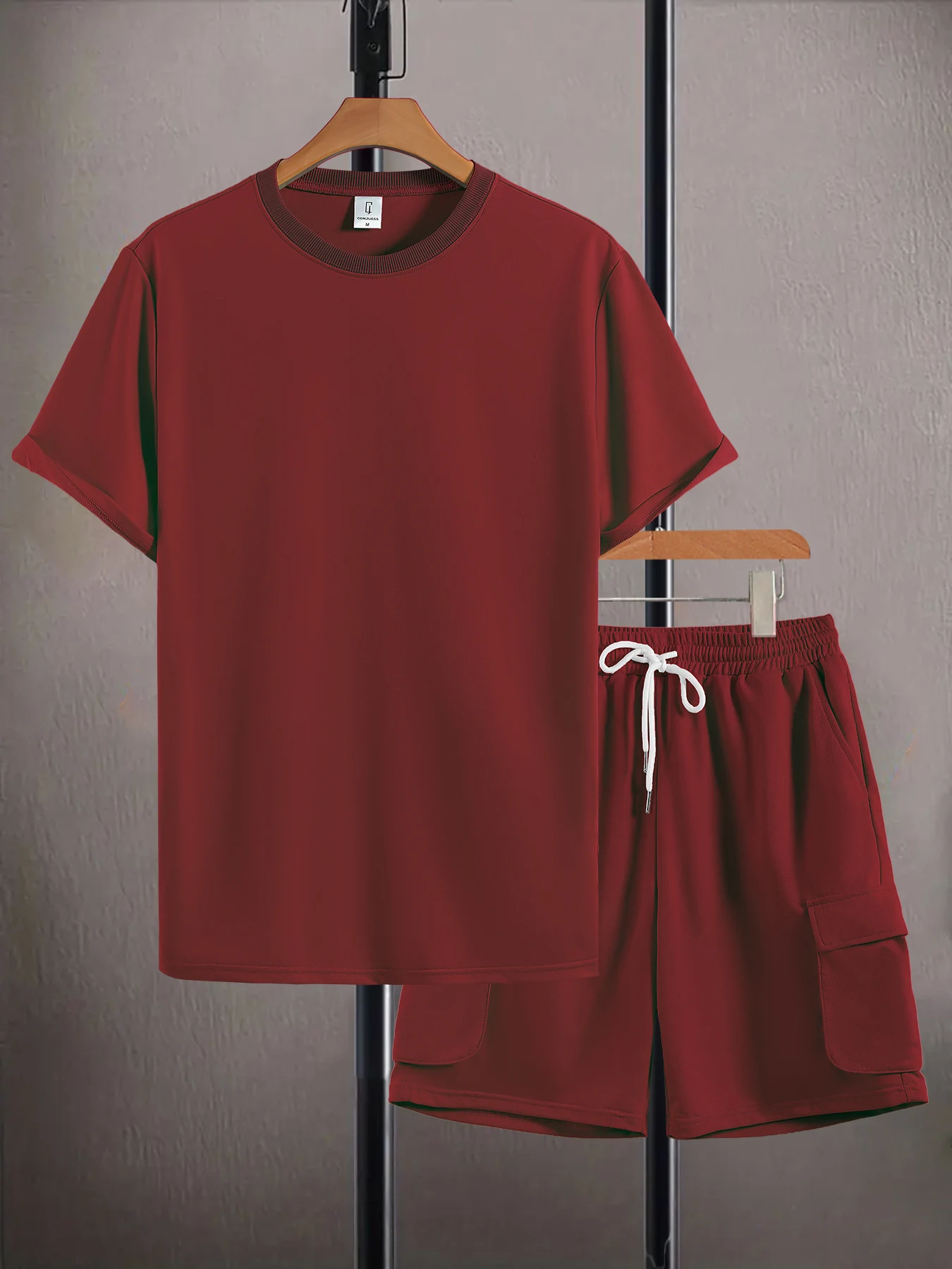 

Men's Summer Casual Set, Solid Color Crew Neck Short Sleeve T-Shirt + Cargo Shorts
