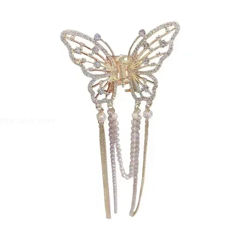 New Super Immortal Hollow Butterfly Tassel Women's Grab Clip Half Tie Hair Fashion Girl Pearl Pendant Hair Card Shark Clip