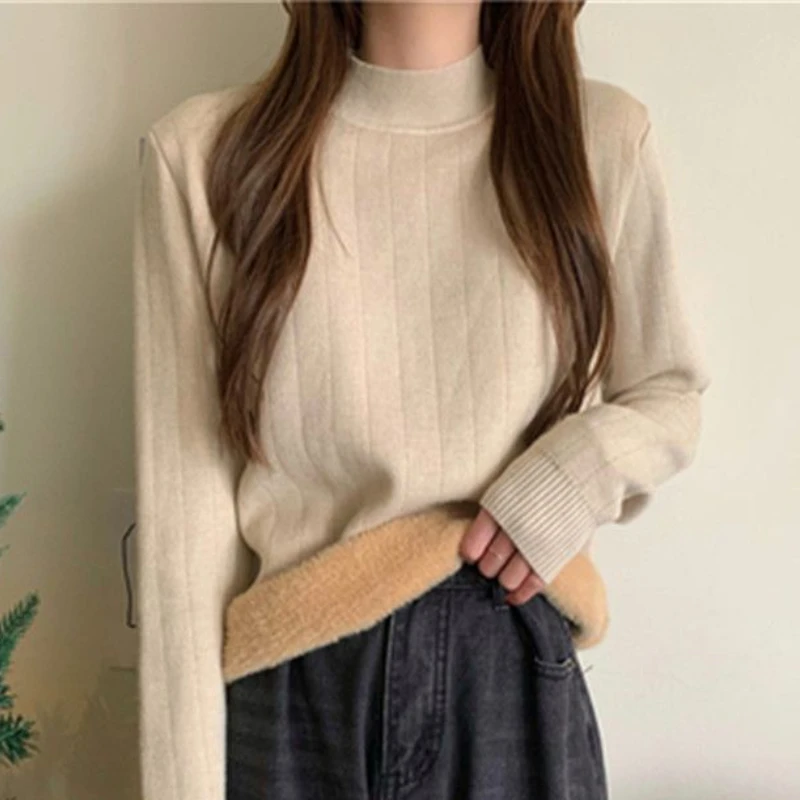 Thicken Pullovers Women Slim Plus Velvet Winter Cozy Gentle Half High Collar Japanese Style Temper Knitted Tender Basic Mujer