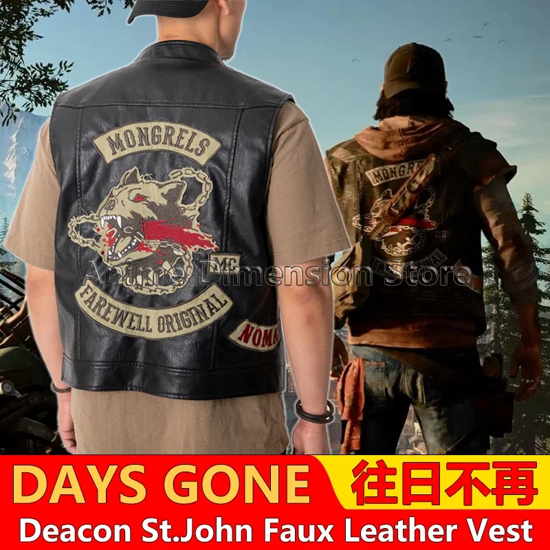 Game Daysgone Cosplay Jacket Days Gone Deacon St.John Faux Leather Black Vest Cosplay Costumes PU Embroidery Waistcoat For Man