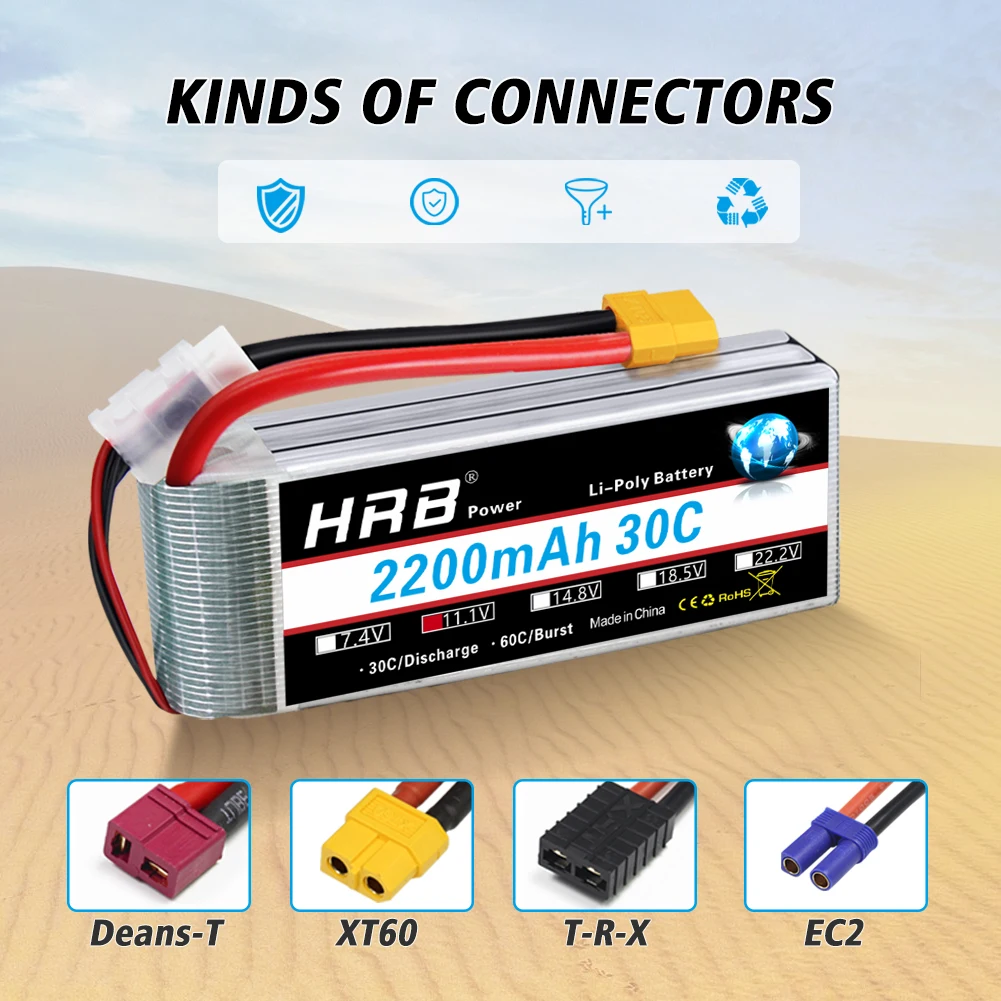 1/2 قطعة HRB 3S يبو بطارية 11.1 فولت 2200 مللي أمبير RC بطارية 30C مع موصل XT60 ل RC 1/16 1/12 سيارة شاحنة الطائرة بدون طيار 105*34*24