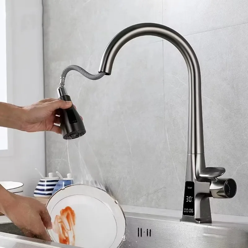 ZC1-Modern Single-Handle Kitchen Faucet Ceramic Pull-Out Sink Faucet Hot/Cold Lift Button Multi-Function Digital Display Brass T