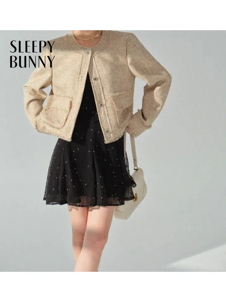 French Round Neck Tweed Jacket for Women Lady Chic Fringe Short Coat Elegant Casual Office Commuter Spring Outerwear Style Daily