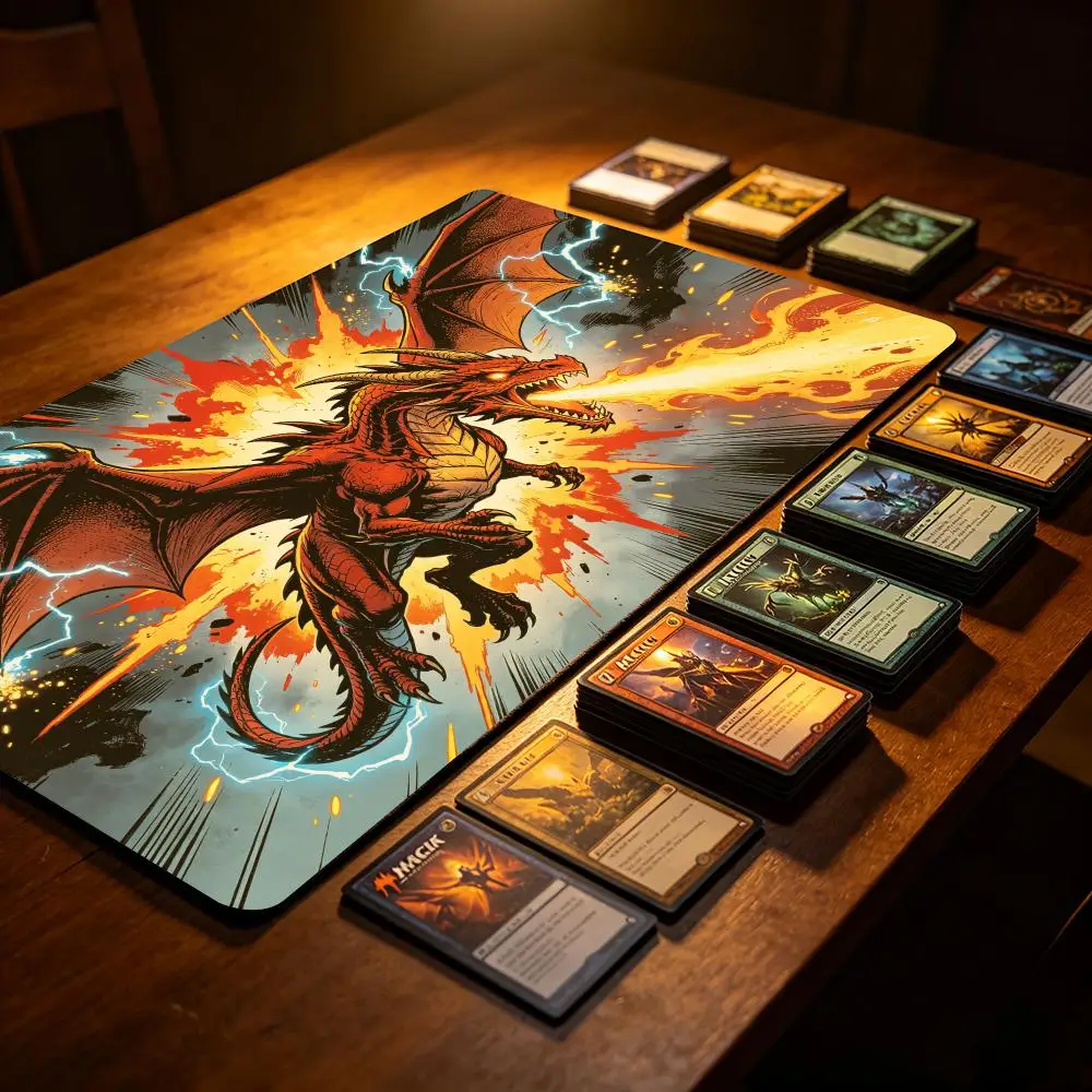 Bold Comic Red Dragon Large Gaming Desk Mat Fire Breathing Lightning Explosion Premium Non Slip Rubber TCG Playmat Gift