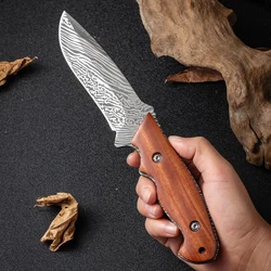 1pc outdoor portable knife Martensitic stainless steel solid wood handle, kitchen family camping trekking knife