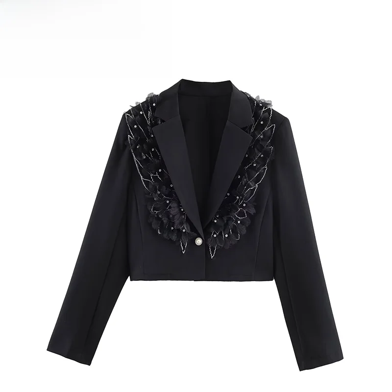 

Модный женский пиджак из полиэстера с цветочным декором, длинными рукавами, на одной пуговице, однотонный, универсальный, осенняя новинка.