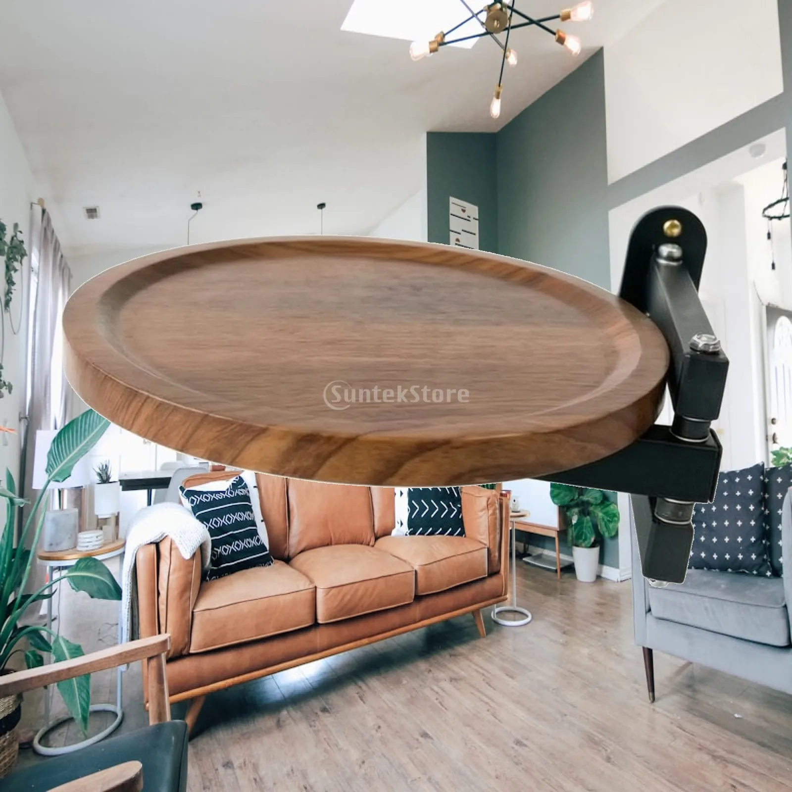 Space Efficient Folding Wall Table Walnut Round Surface Raised Border for Bedside Phone Glasses and Books