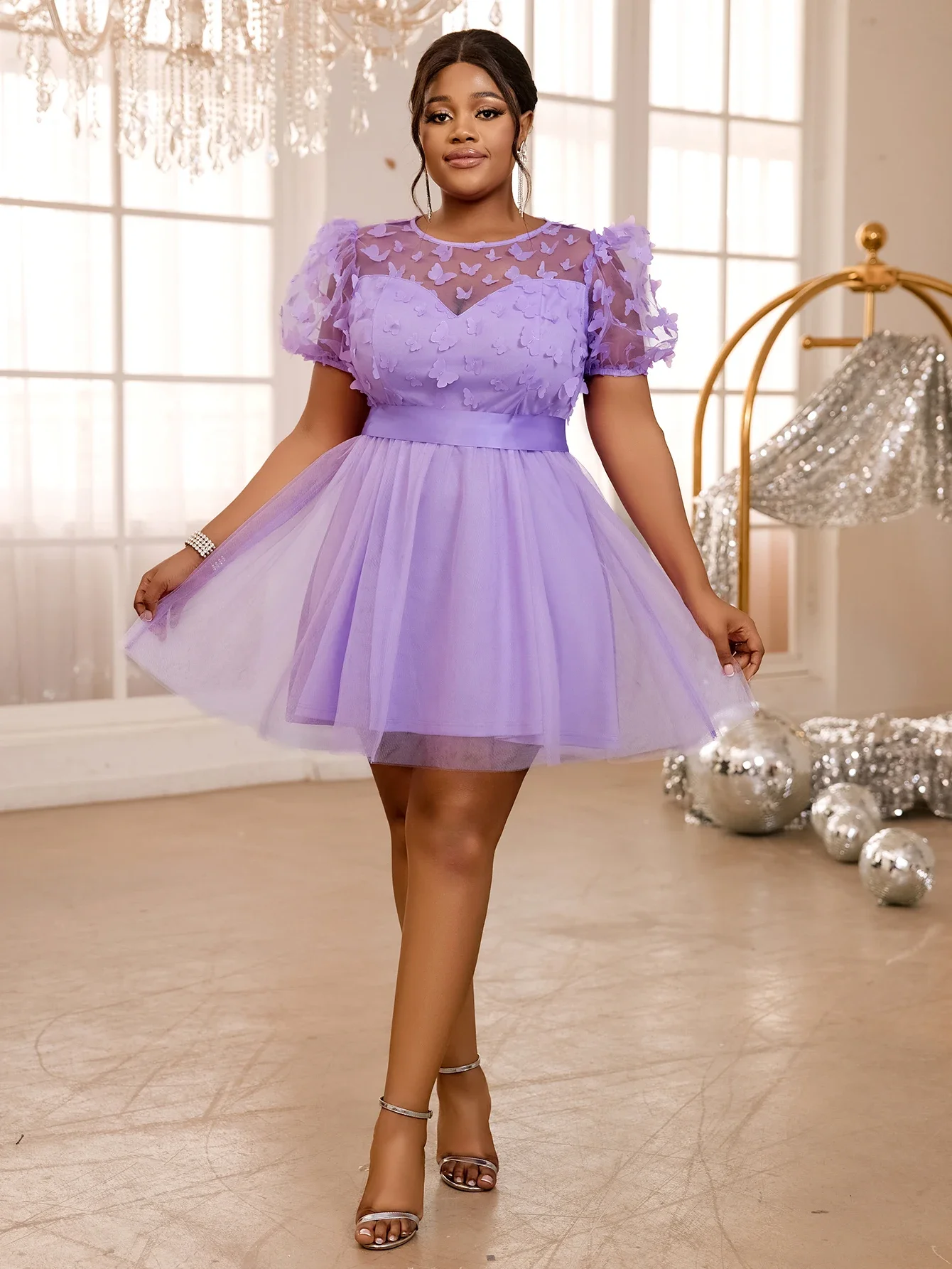 Women  Lavender 3D Butterfly Mesh A-Line Mini Dress O Neck See Through Puff Sleeve Elegant Birthday Prom Homegoing Event Gowns