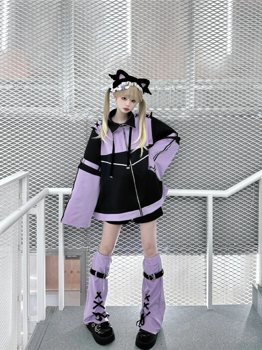 Japanese Mine Mass-produced Female Y2K Sports Set Water Color Purple Long-sleeved Zipper Hoodie Jacket Skirts Leg Covers Outfits