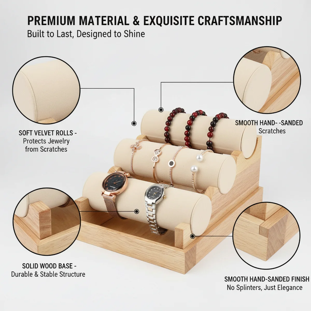 3-Tier Solid Wood Jewelry & Watch Display Stand - Soft Velvet Rolls Organizer for Bracelets/Watches