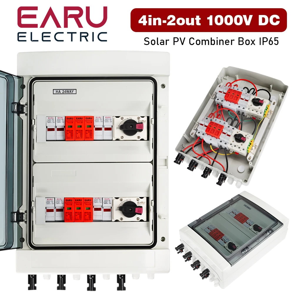 

Solar Photovoltaic PV Combiner Box With Lightning Protection 4 input 2 out 15A DC 1000V Fuse MCB SPD Waterproof Box IP65 18 Ways