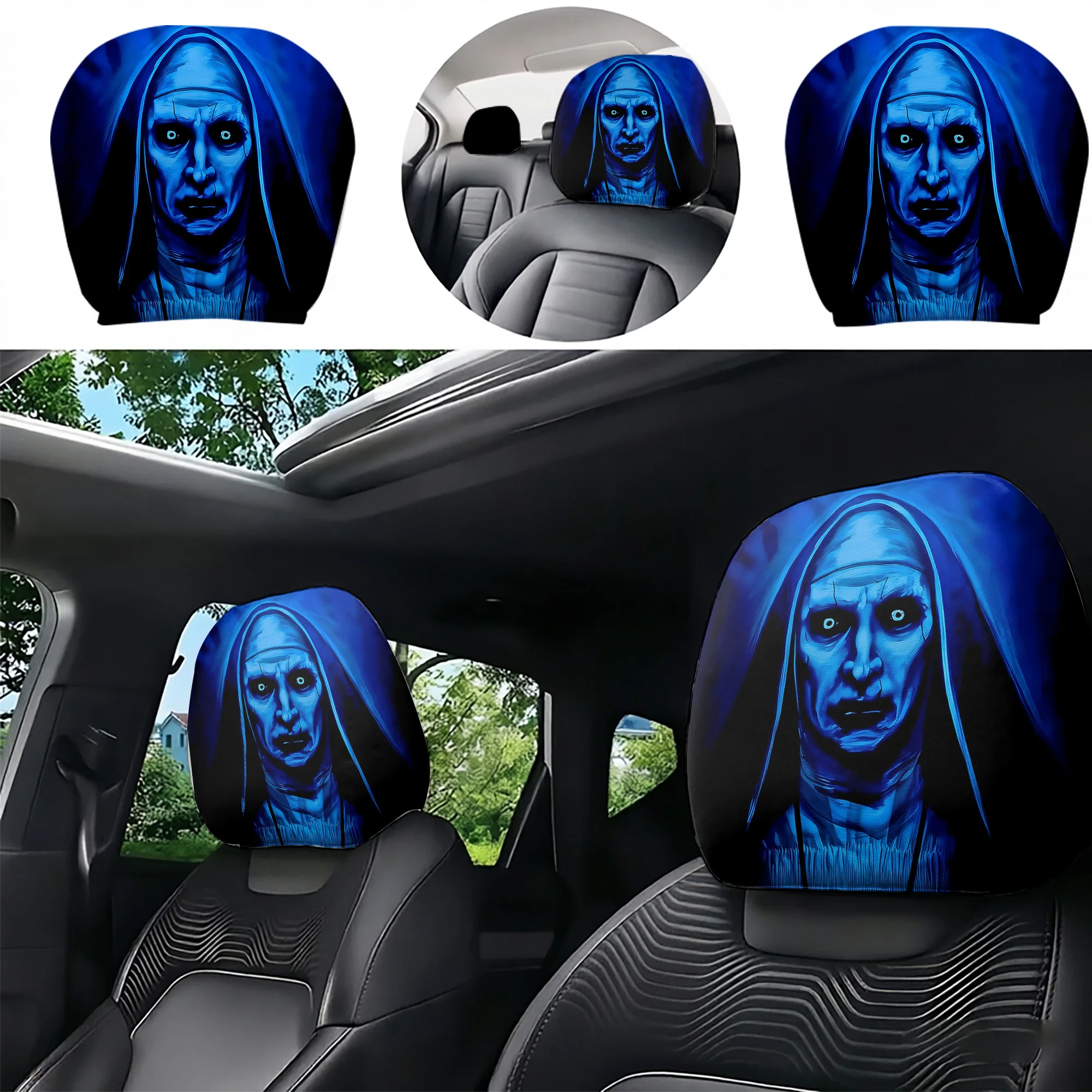 2pcs Car Headrest Covers with a Nun Design, Bringing a Spooky, gothic Vibe to Your Car’s Interior. Filling Not Included. Easy to