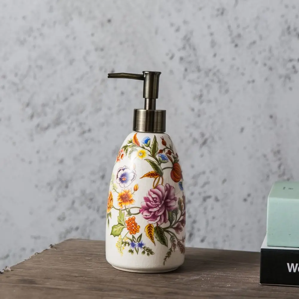 Vintage Flower Pattern Ceramic Hand Sanitizer Bottle Hand Press Type Portable Liquid Soap Dispenser Leakproof Reusable