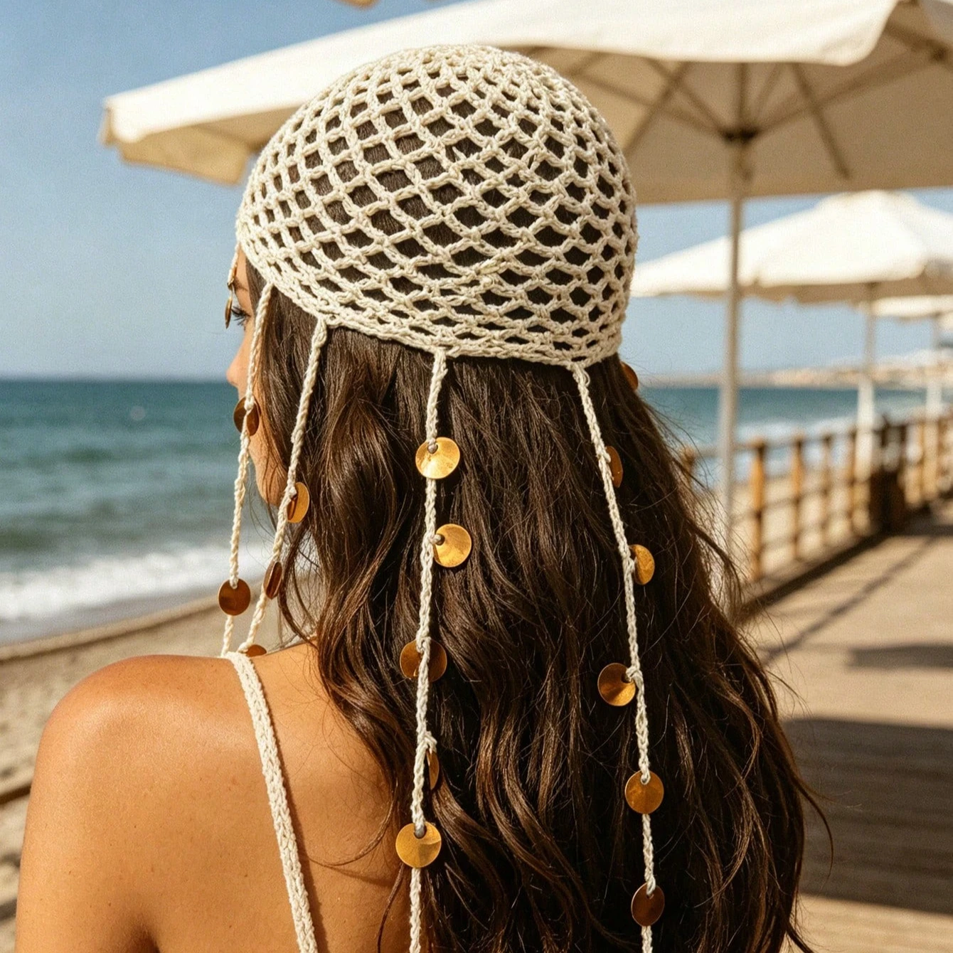 Bohemian Sequin Pendant Mesh Hollow Knit Hat Women's Decorative Hat Beach Headscarf Vacation Travel Accessory Party Gift