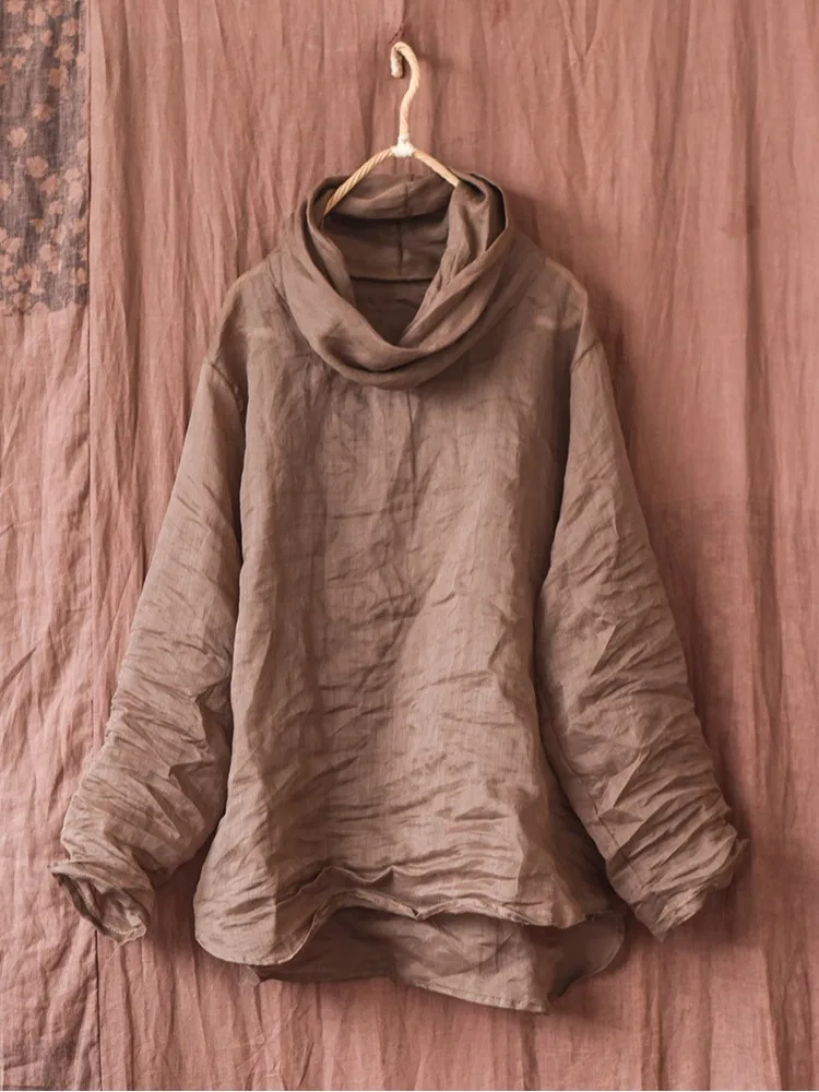 قميص فني بلون نقي من الكتان للنساء، فضفاض ومقاوم للشيخوخة، طبقة أساسية بأكمام طويلة وياقة دائرية، أسلوب عملي، موضة الخريف #2