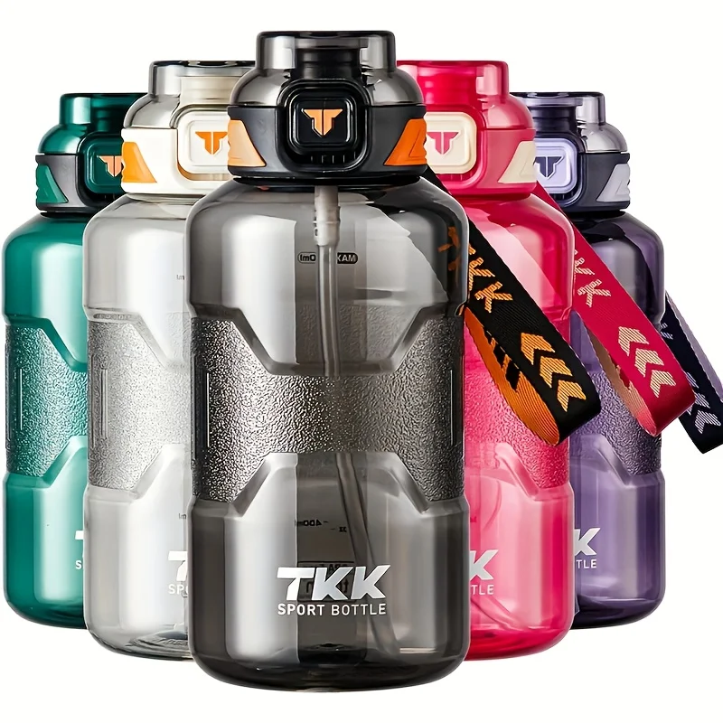 

1 шт. TKK Tritan, не содержащая BPA, спортивная бутылка для воды овальной формы с откидной крышкой, 1500 мл/50 унций, герметичная, портативная веревочная ручка, соломинка