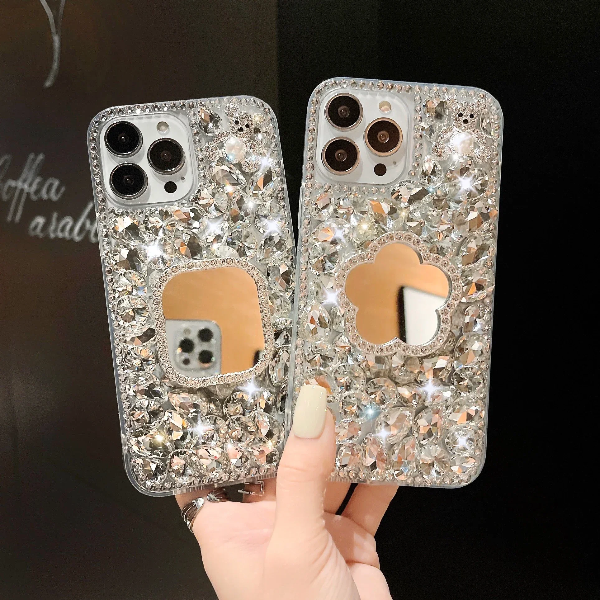 Fashion Women Luxuxy Diamond Makeup Mirror Girls Cell Phone Case For iPhone 15 Plus 14 13 Mini 12 11 Pro XS Max 7 8 Plus Cover