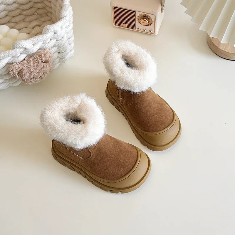 2024 Children Short Boots for Girls Winter New Fashion Korean Style Soft Bottom Anti-slippery Versatile Chic Plush Zipper Shoes