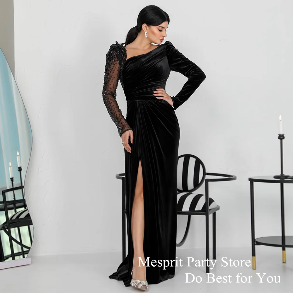 Sexy Prom Dress Woman Full Sleeve Beading Sequined High Slit Sweep Train Velour Evening Dresses Saudi Arab Party Gown فساتين سهر