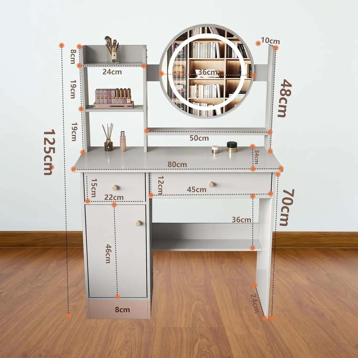 Meja Rias dengan Laci, Meja Rias dengan Cermin & Lampu LED, 3 Mode Pencahayaan, Meja Rias Multifungsi 80CM