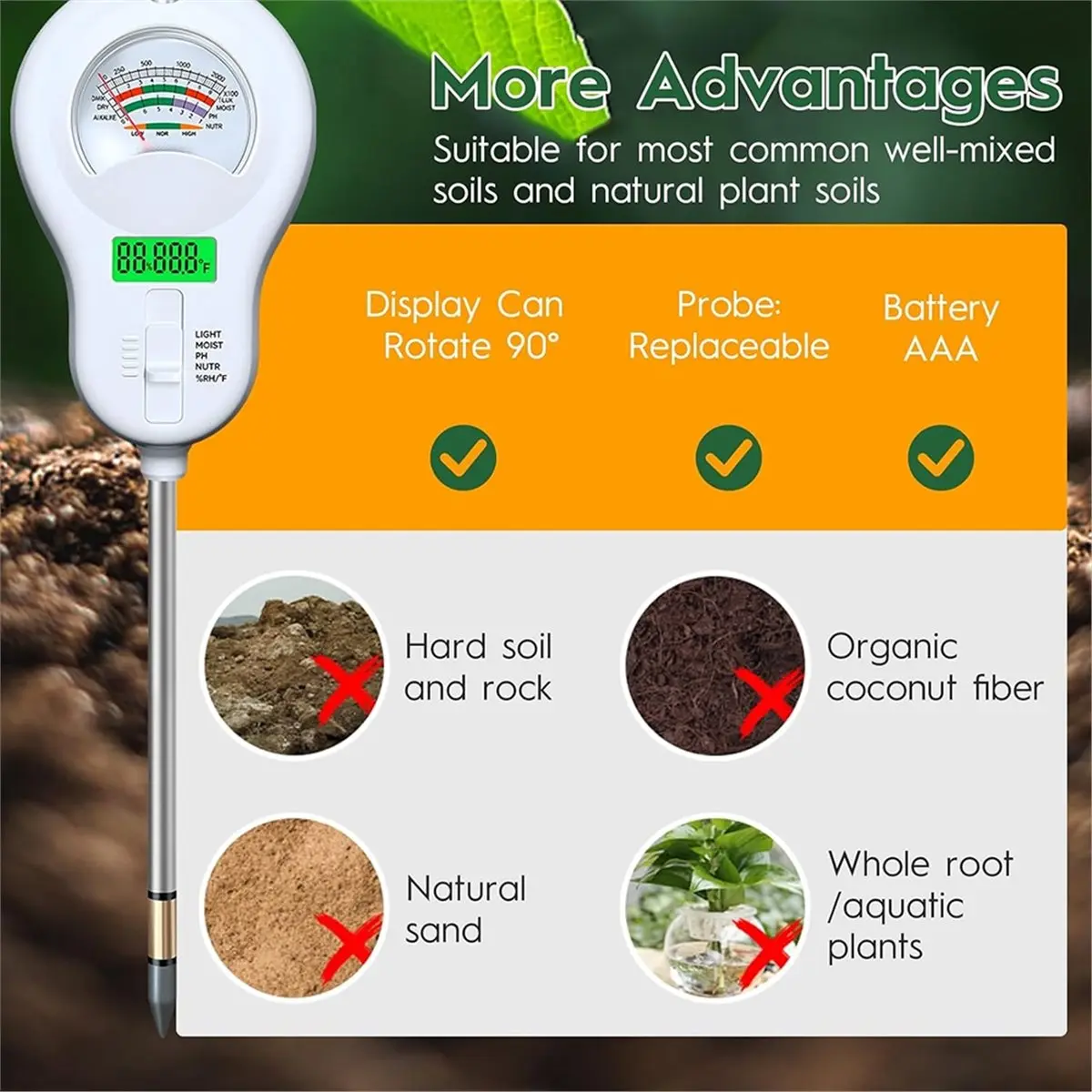 A08I Soil Test Kit - Moisture, PH, Fertility, Sunlight, Temp & Humidity Meter with LCD Display 3-Pack