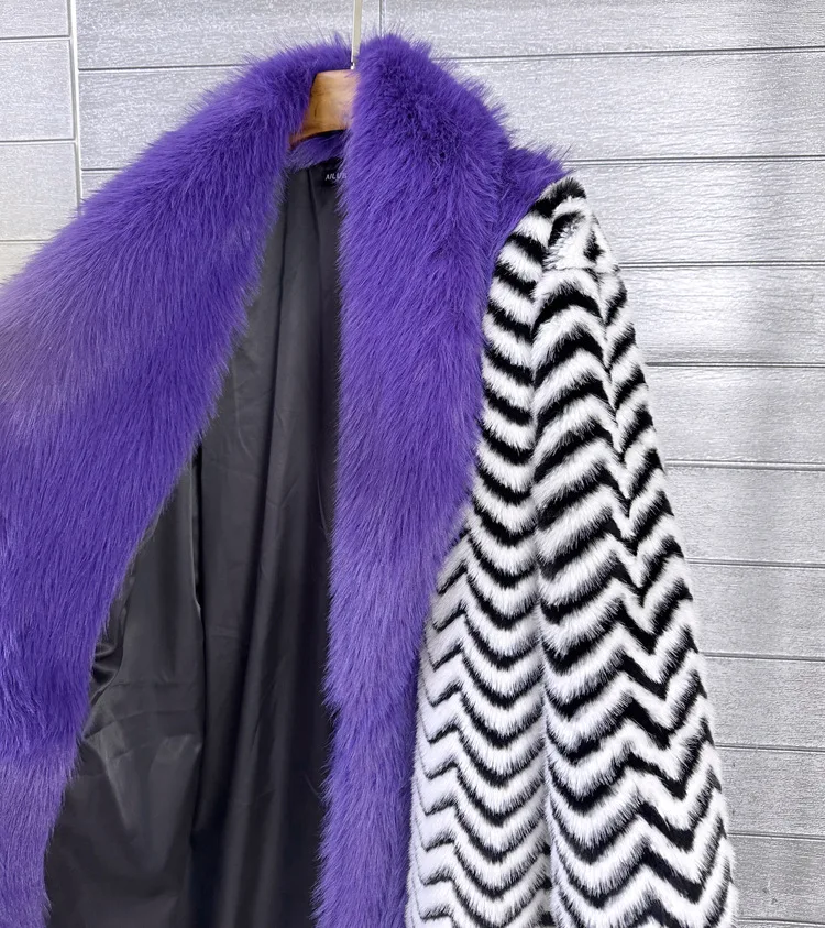 겨울 코트 공장 직판 오리지널 디자인 인조 모피 코트 스트라이프 패치워크 플러시 롱 재킷 여성 아우터웨어