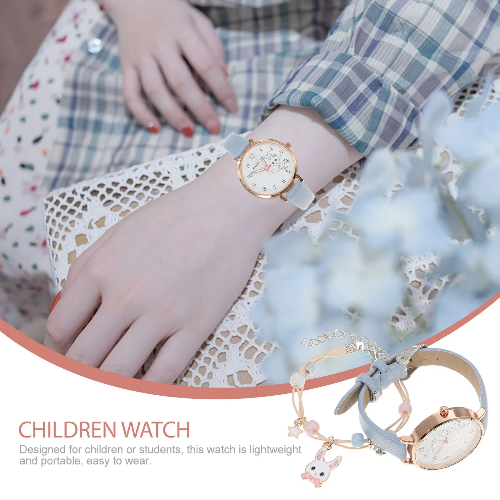 مجموعة واحدة من حزام ساعة الأرنب لساعة المعصم الكرتونية اللطيفة مع سوار خفيف الوزن وإكسسوارات عصرية للديكور #3