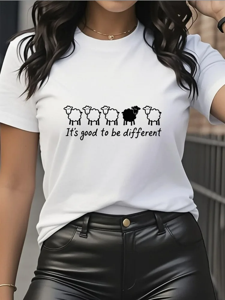 Ladies' Casual Short Sleeved T-shirt with Sheep Pattern Print Round Neck Design Suitable for Daily Wear Harajuku Clothing