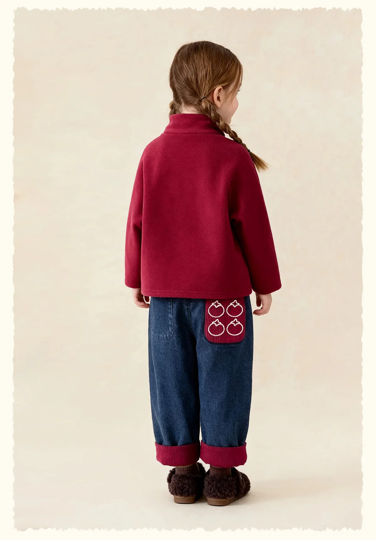 Amila 2026 Kinder Winter Denim-Plüsch-Freizeithose Rot Gestrickte Beine mit Bündchen Fruchtmuster Gesäßtasche Modisch und Niedlich – Detail 12