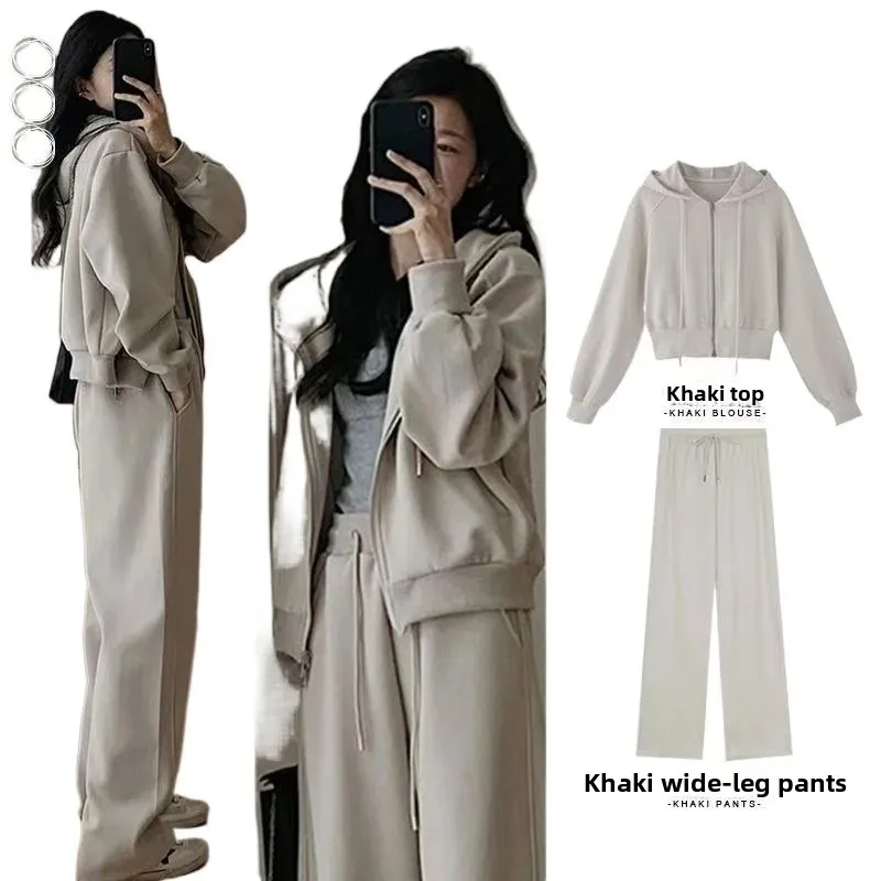 طقم رياضي كاجوال بقلنسوة للسيدات على طراز هونج كونج للتخسيس ومضاد للشيخوخة بنطال ذو قصة أرجل واسعة للجري مكون من قطعتين ملابس عصرية