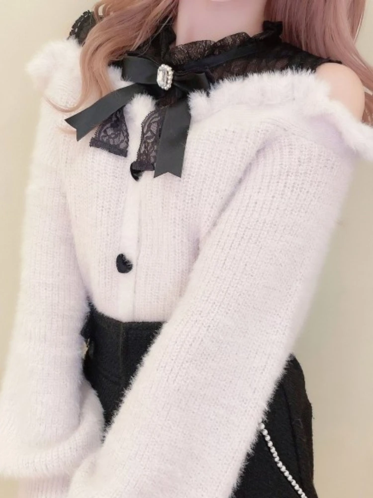 Sweet Woman Off Shoulder Pink Sweater Female Student 2023 Winter Clothes Long Sleeve Knitwear Bow Lace Waist Slimming Knit Top