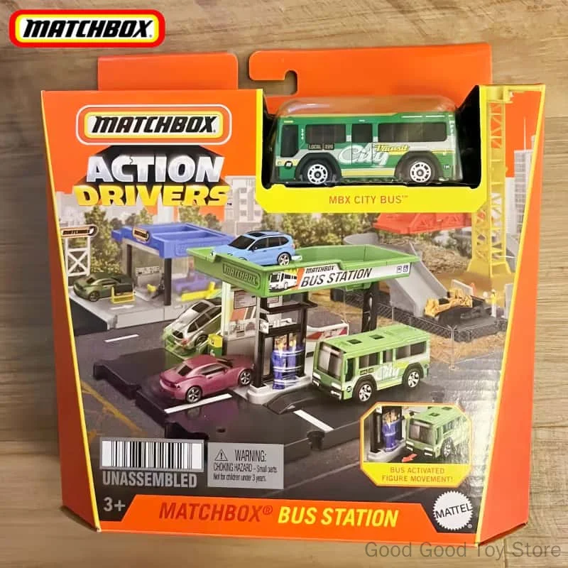 Genuine Matchbox Action Drivers Bus Station Playset Connectable Trigger Mechanism City Bus Model Cars Road Scene Collection Toys