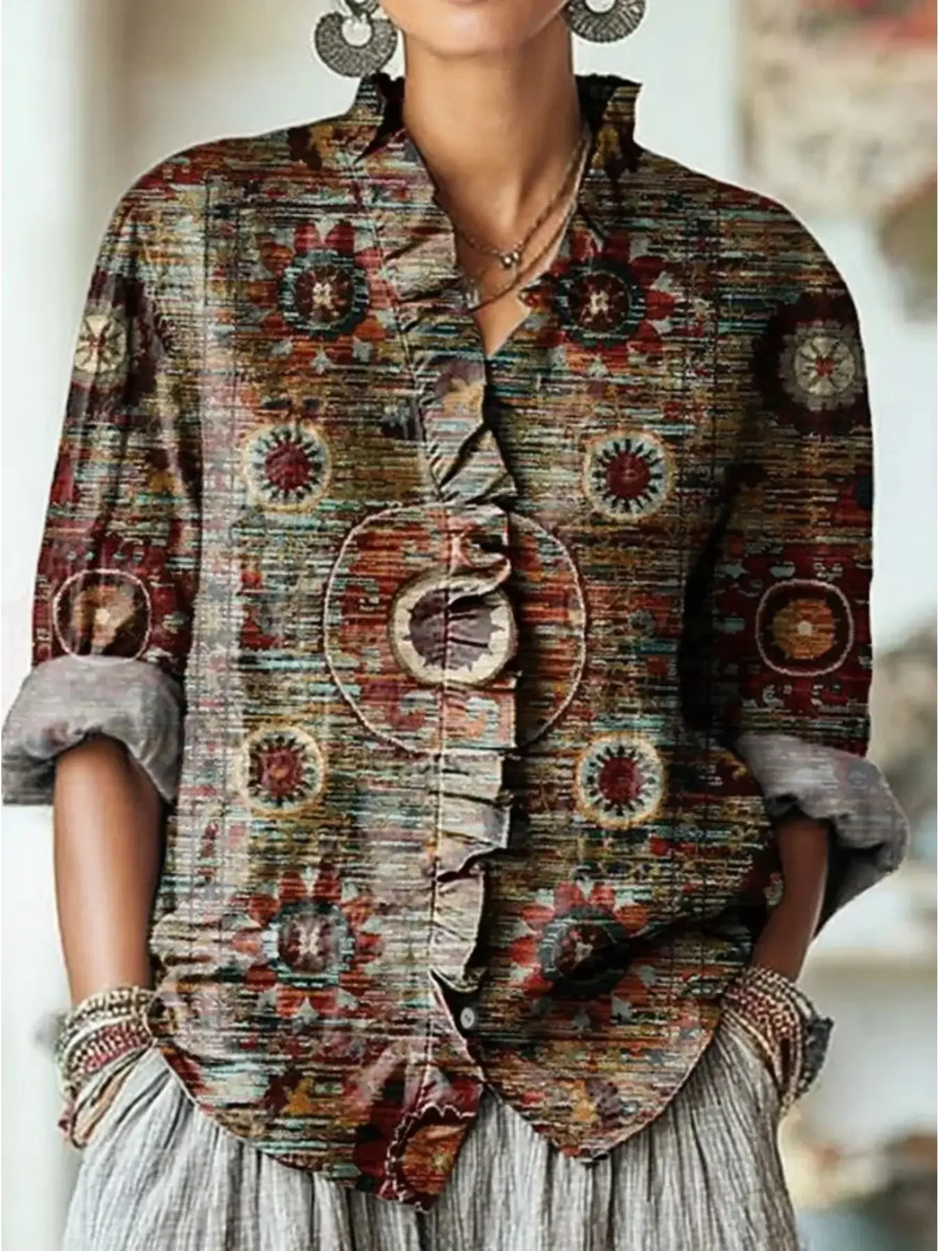 2026 Women's Long Sleeve Lace Shirt, Vintage with Various Exquisite Pattern Designs, Ideal gift, machine washable