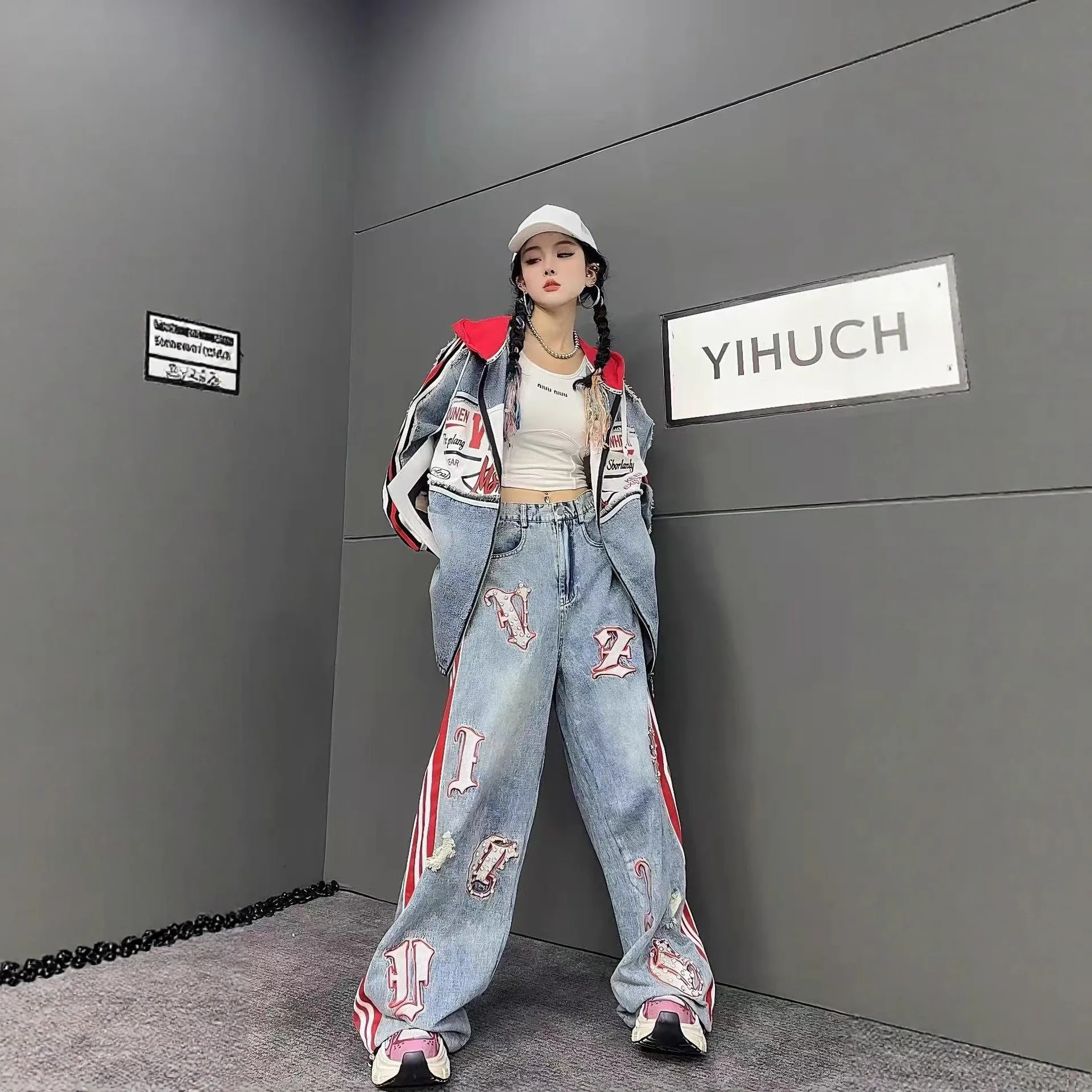 2025 Autumn Ne Denim Jacket Women Fashion Unique Color Blocking Hooded Coats Letter Print Striped Mid-Length Jacket Street Style