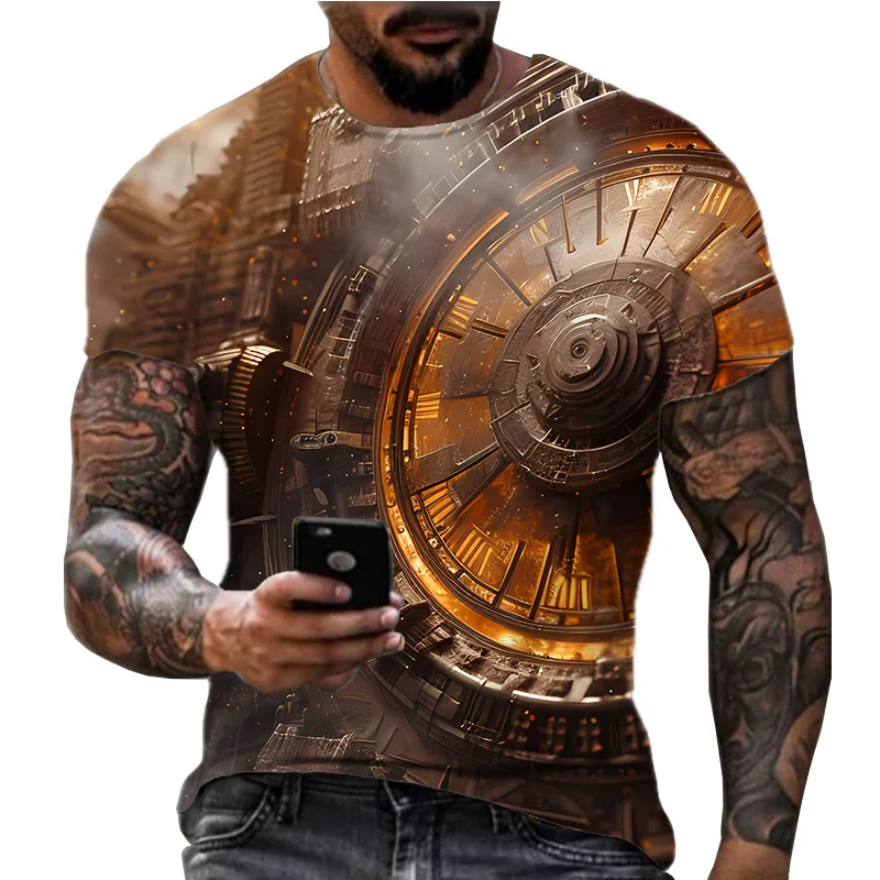 2024 European and American 3D digital printed men's T-shirt summer new casual trend landmark short sleeved