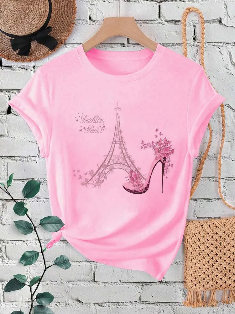 Fashion Paris Eiffel Tower Print Women T-shirt Short Sleeve Crew Neck Casual Top for Summer & Spring Women's Clothing