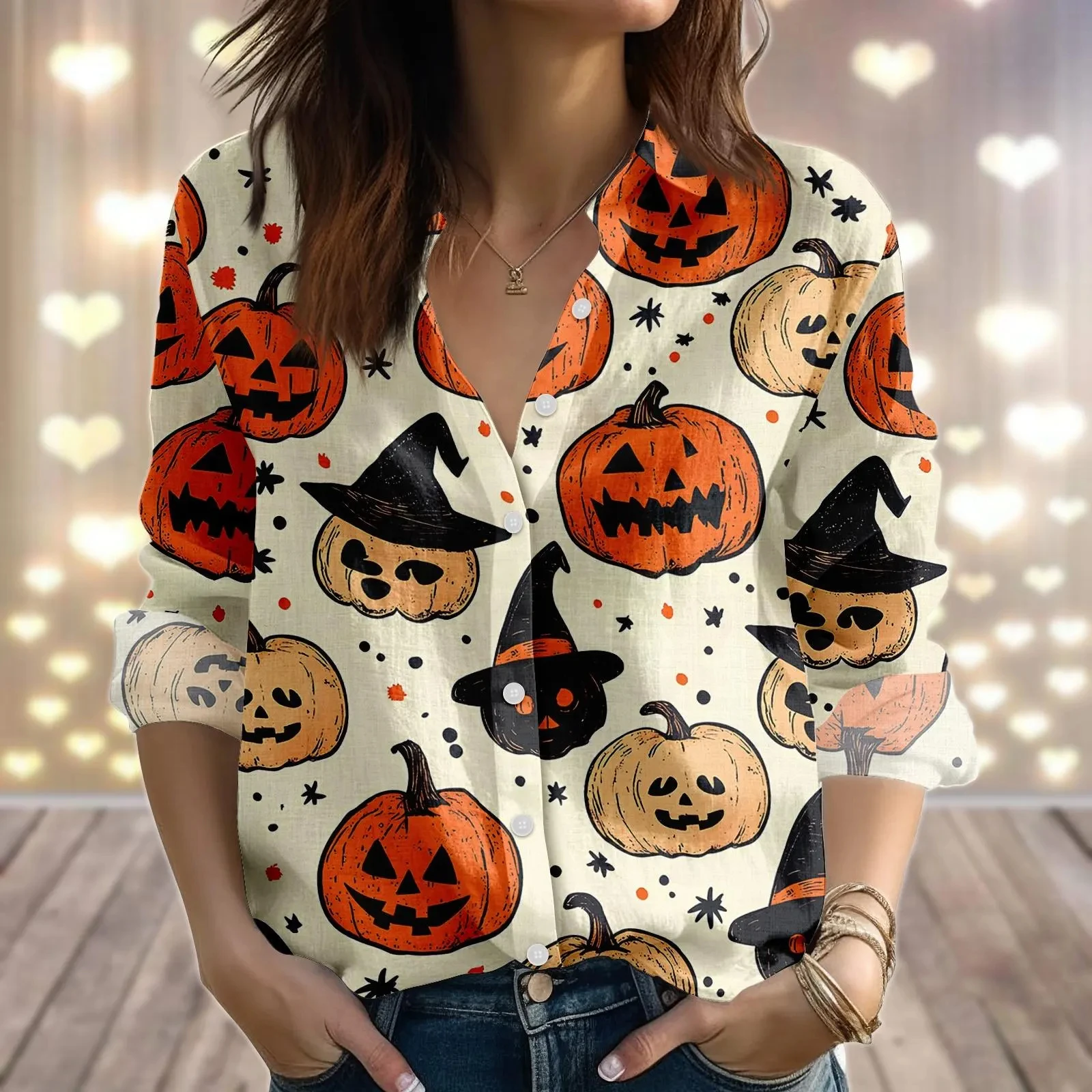 Halloween Women's Long Sleeve Shirt Pumpkin Skull Shirt Autumn New Season Button-Up Shirt Horror Gift Holiday Party Tops