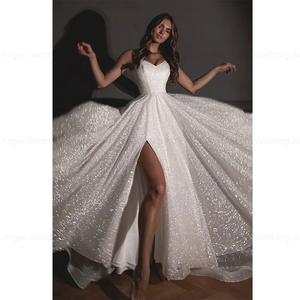 ANGEL Spaghetti Strap V-Neck Sparkling Wedding Dresses for Women Customized Side Split Glitter Bridal Party Gowns Hochzeitskleid