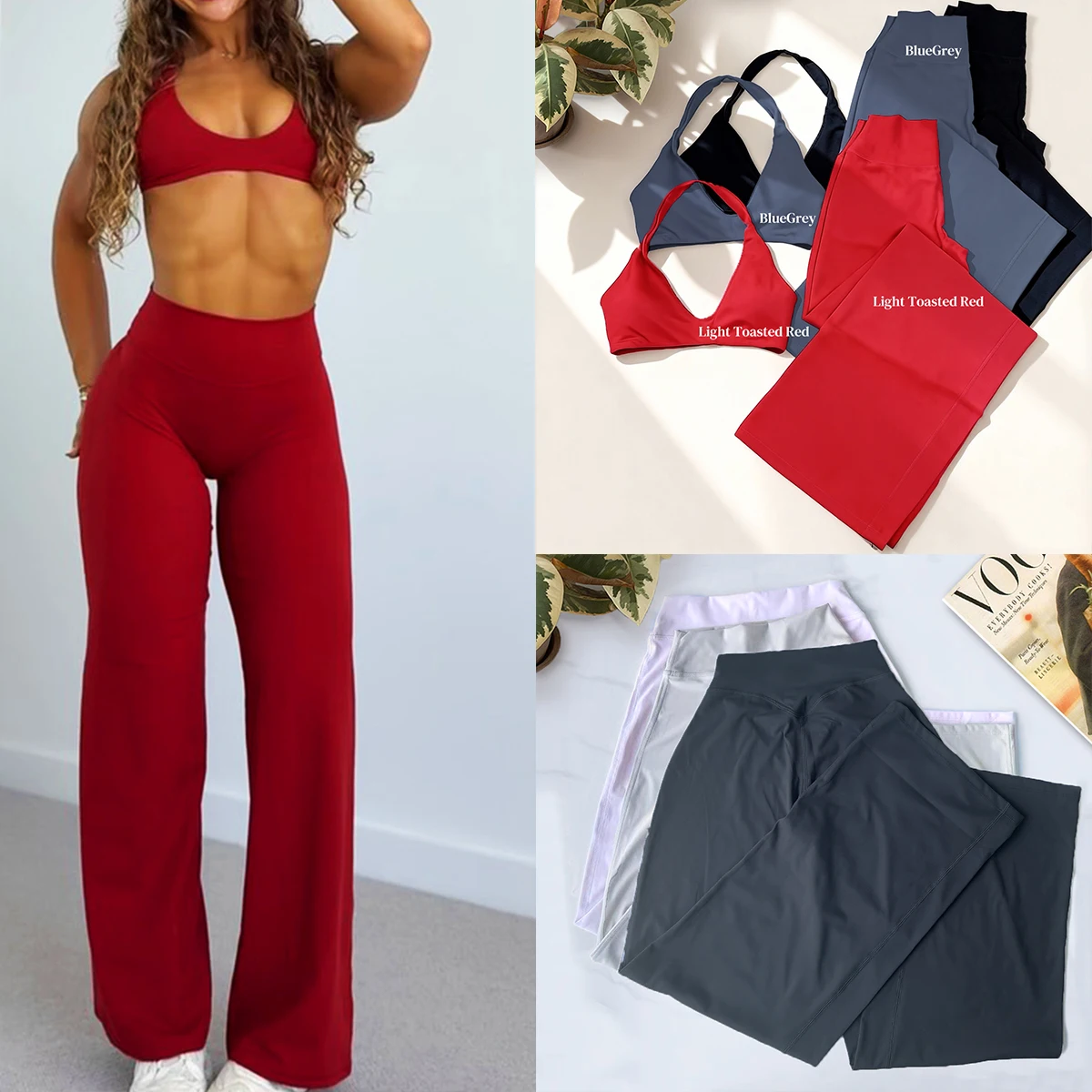 Softmotive 2 Parça Spor Seti Kadın Düz Paça Pantolon Geniş Paça Tayt ve Dahili Sütyenli Halter Top Spor Kıyafetleri