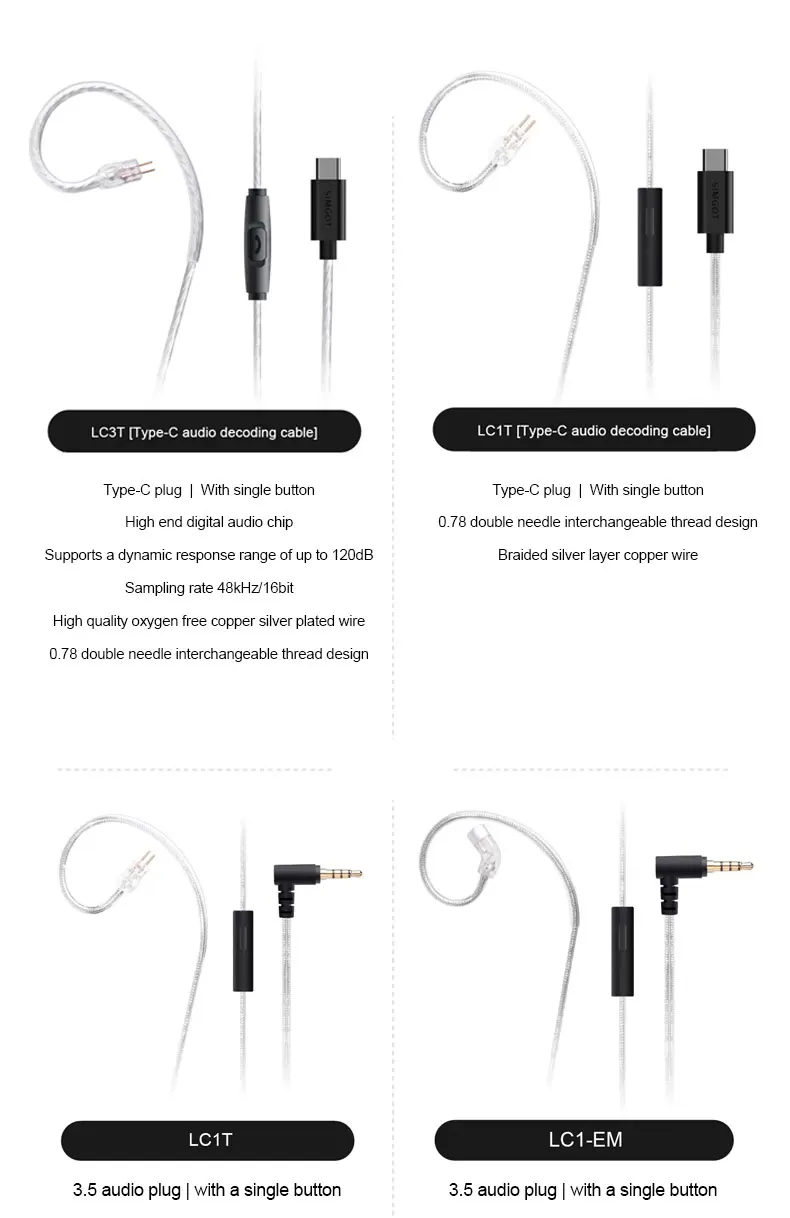 Cavo per cuffie SIMGOT con cavo intercambiabile e cavo di aggiornamento per controllo microfono LC1/LC1T/LC3T LC1-EM Typec/3.5