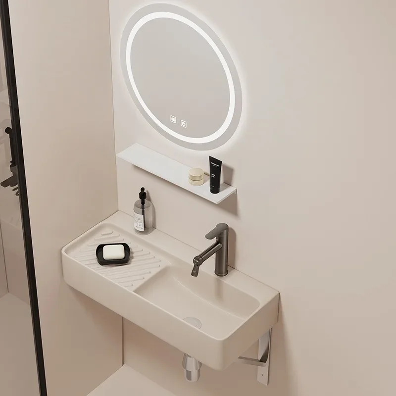 Wall-Mounted Ceramic Wash Basin for Small Apartments Extended Narrow Side Cream Wind Design Simple Hanging Laundry Basin
