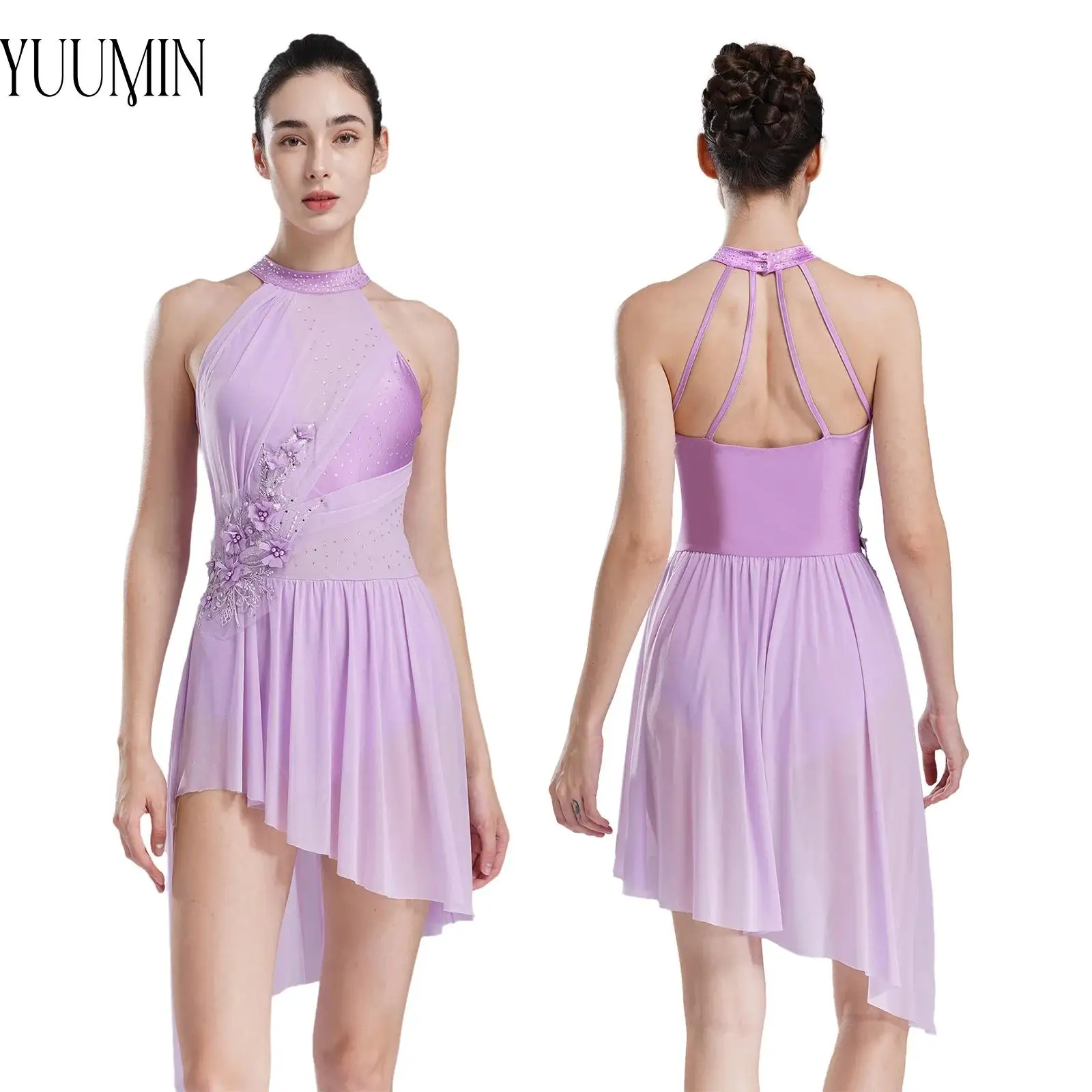 New Womens Applique Lyrical Modern Dance Dress Costume Strappy Back Figure Skating Stage Performance Competition Leotard Dress