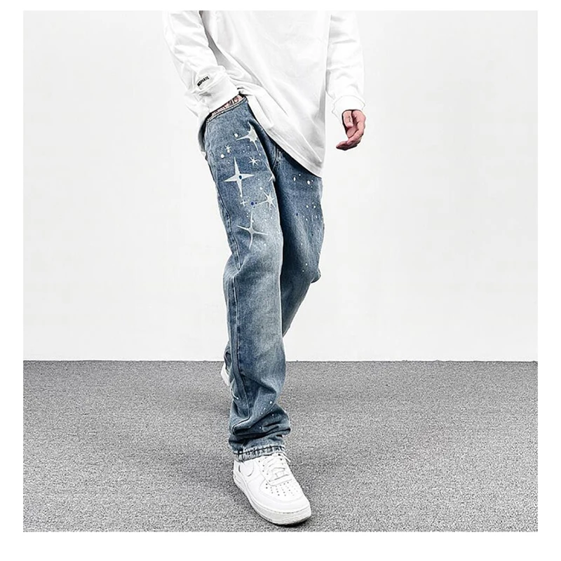 Harajuku Stars Painted Pockets Washed Blue Jeans Pants for Men Retro Streetwear Straight Casual Baggy Denim Trousers Oversized